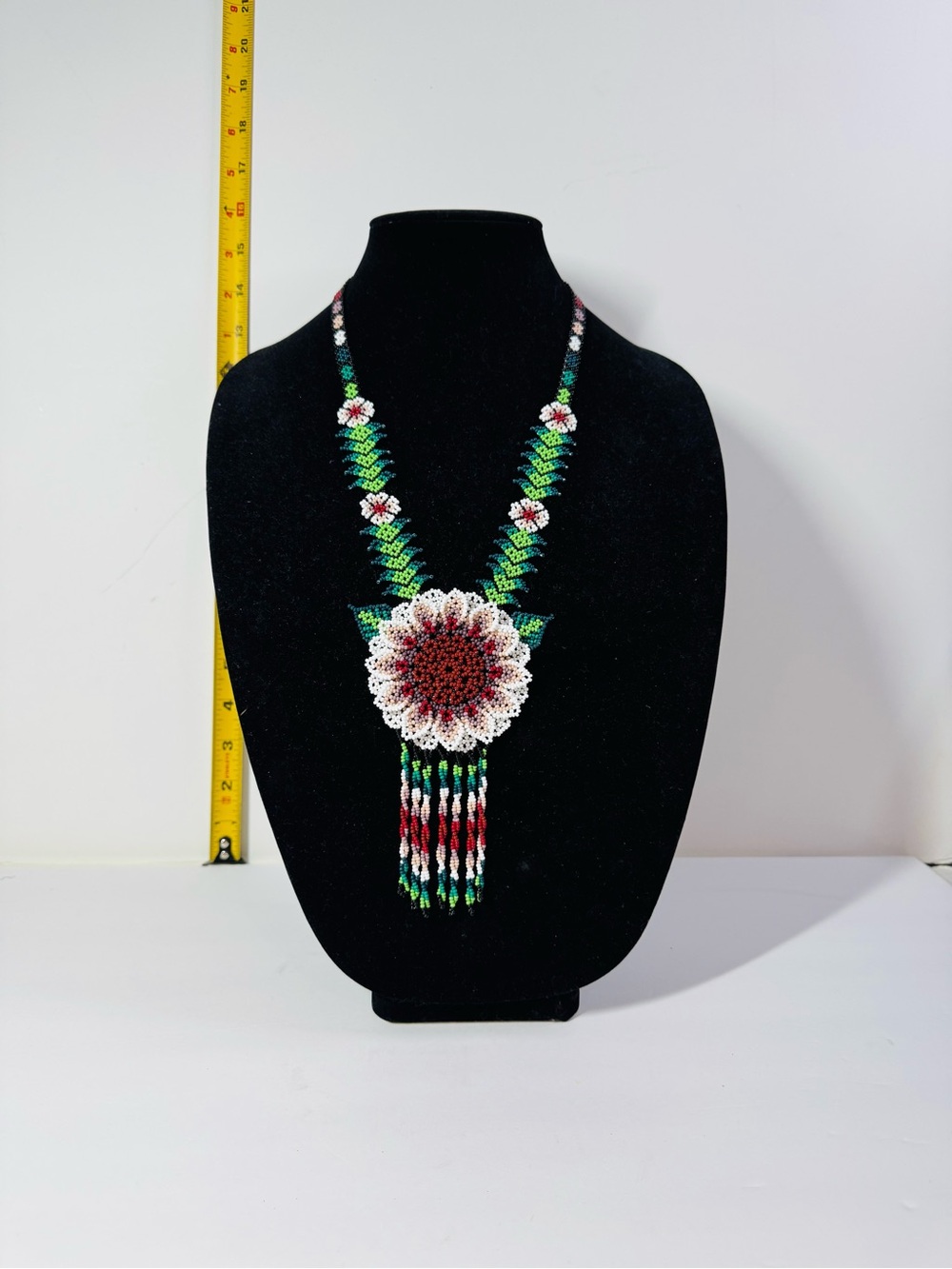 Handmade Beaded Floral Pendant Necklace - White, Red & Green - Picture 2 of 2